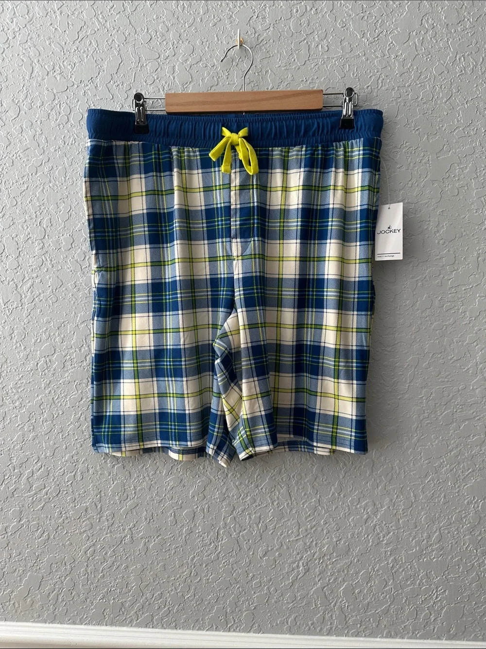 Jockey Blue White and Lime Plaid Lounge Shorts with Yellow Drawstring